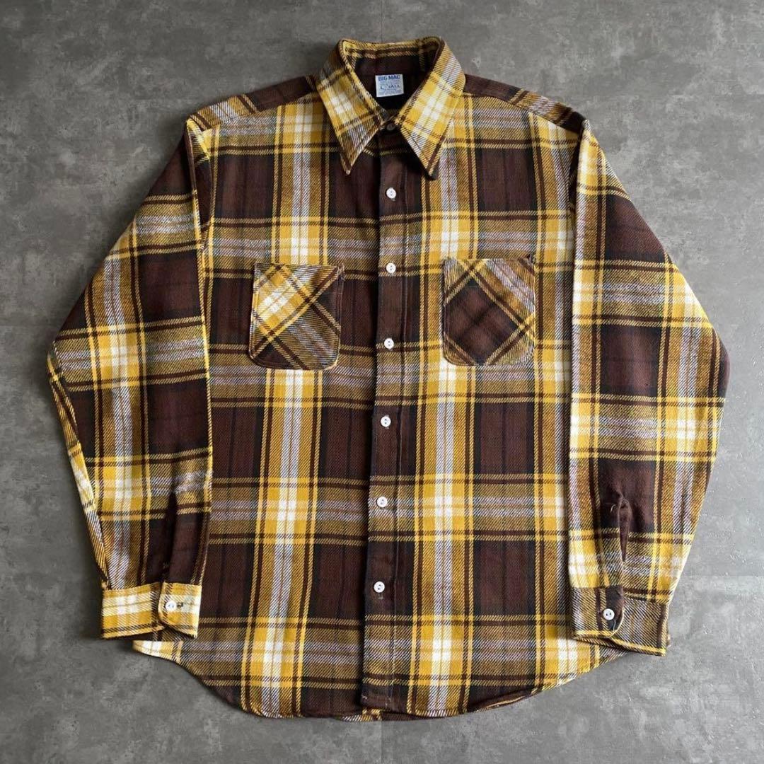 70s 単色タグ BIG MAC ネルシャツ 黄×茶 L TALL