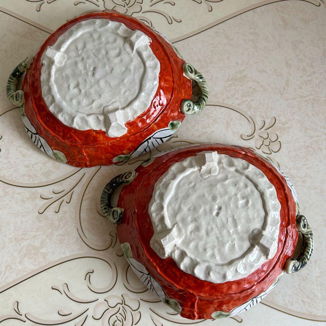 美濃焼　翔武窯　赤絵　椿　織部　手付　深皿　2枚セット　盛皿　大皿　深鉢　土物