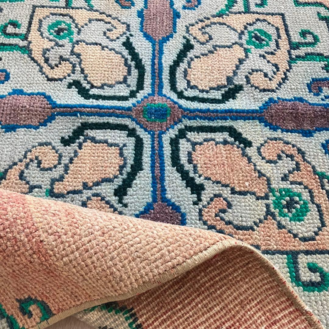 コーラルベージュ77×202グリーン　メダリオンランナー　トルコヴィンテージラグ