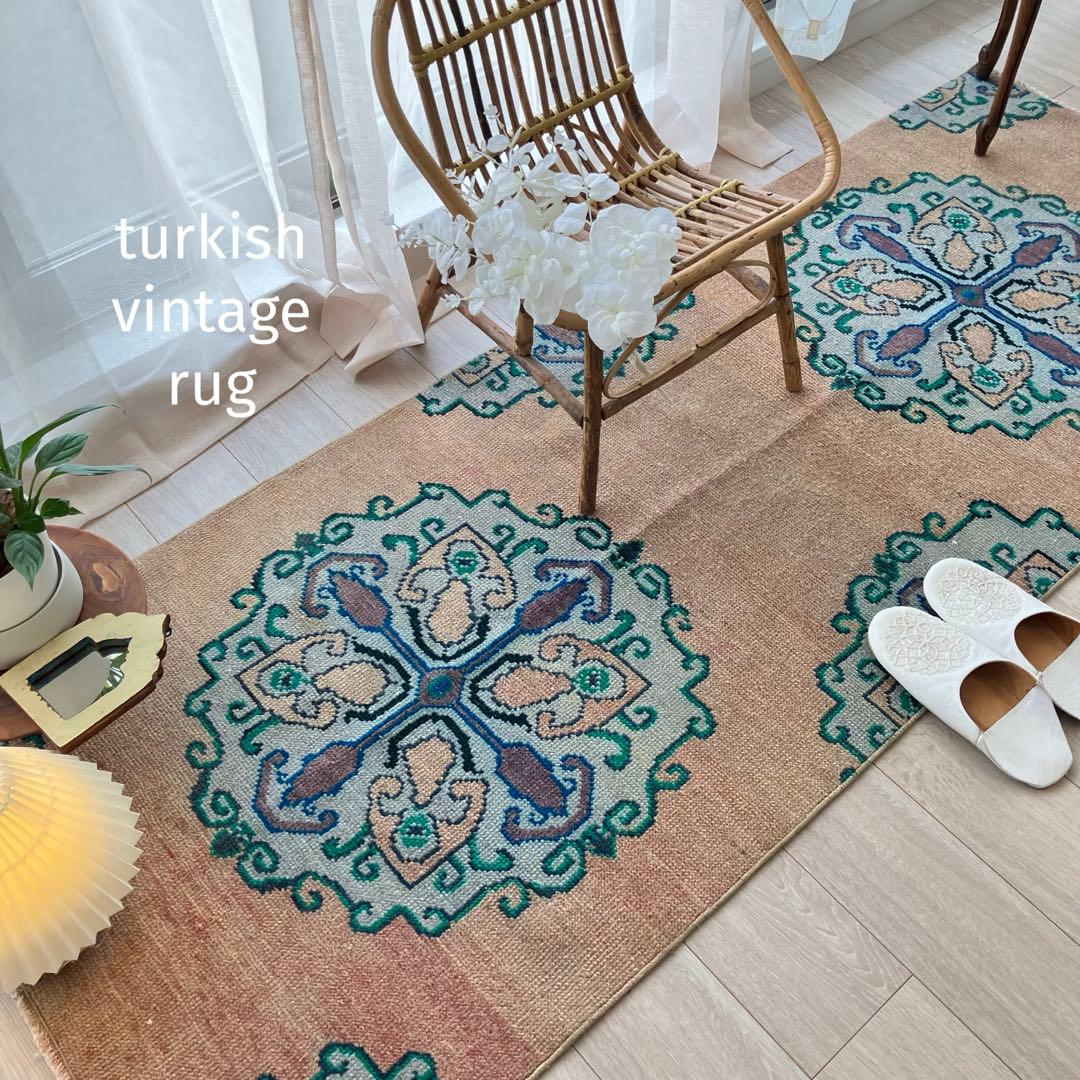 コーラルベージュ77×202グリーン　メダリオンランナー　トルコヴィンテージラグ