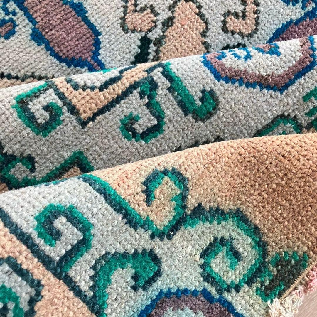 コーラルベージュ77×202グリーン　メダリオンランナー　トルコヴィンテージラグ