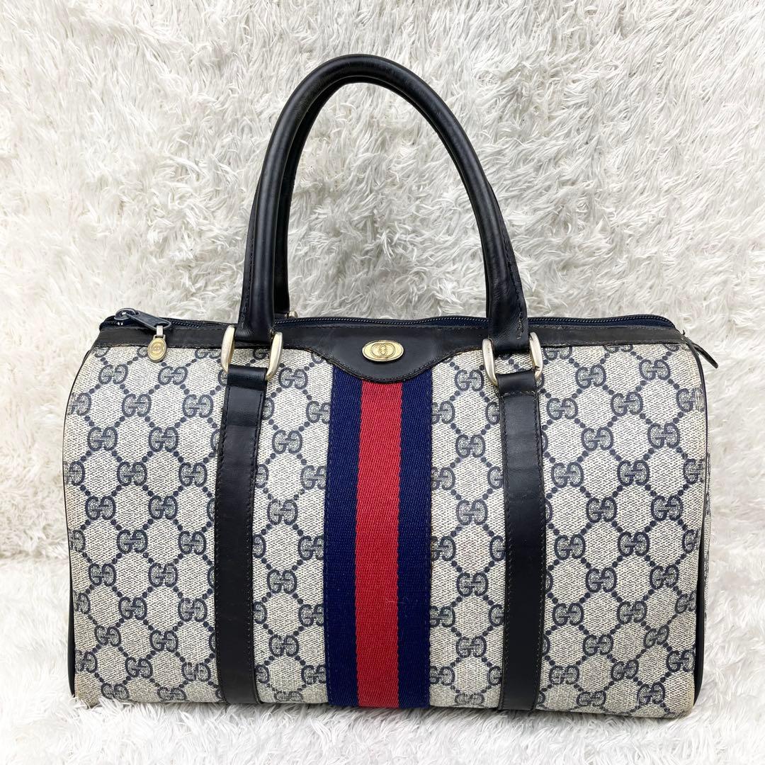 【美品】オールドグッチ シェリーライン GGスプリーム ボストンバッグ ネイビー
