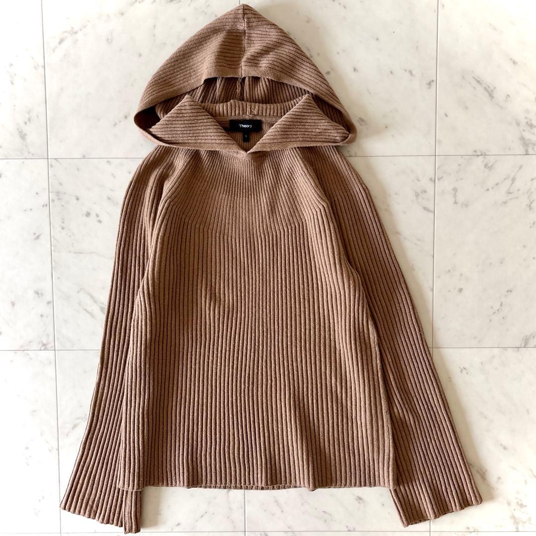 美品 セオリー カシミヤ混 ウール フーデット リブニット キャメル S 近年