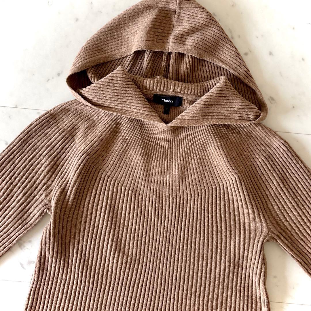 美品 セオリー カシミヤ混 ウール フーデット リブニット キャメル S 近年