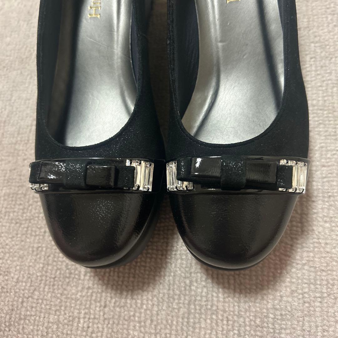 ヒルズアベニューブラックウエッジソールシューズ リボン付き22cm⭐︎美品⭐︎