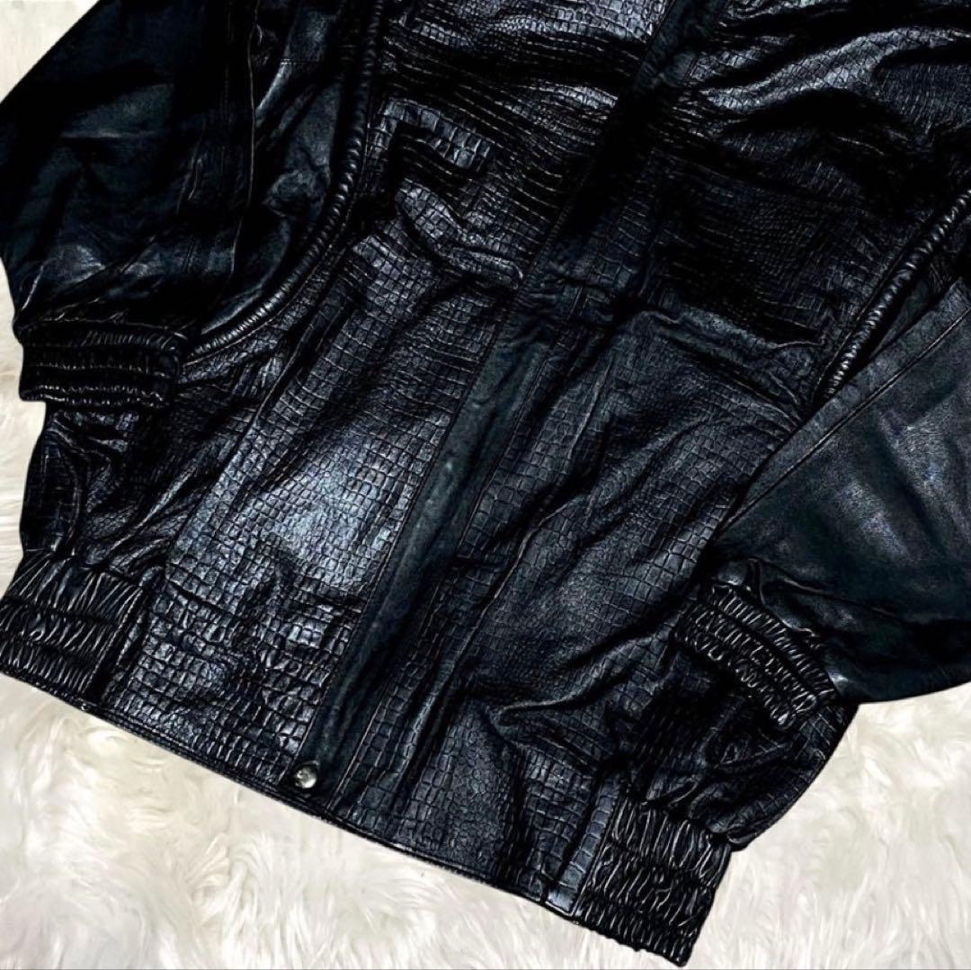 ALPHA レザージャケット　ライダース　クロコ型押し　ブラック LL位 羊革