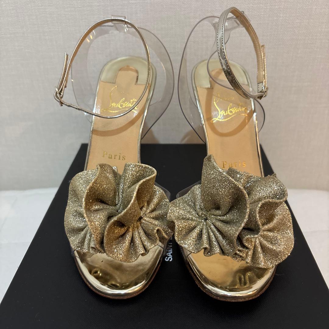 クリスチャンルブタン Paris ゴールド フリル ハイヒールサンダル