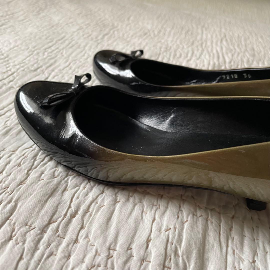 PRADAプラダグラデーションローヒール　パンプス黒/ゴールド36