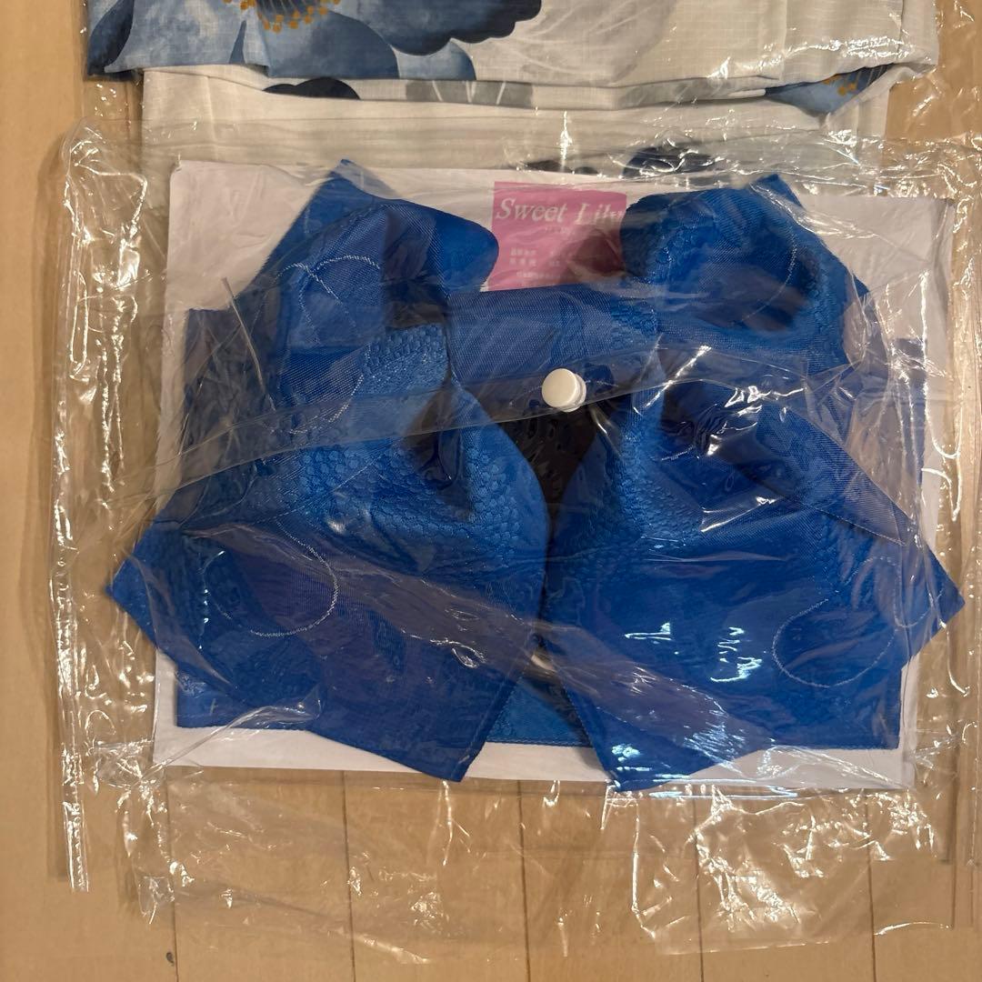 青色と白色の花柄 浴衣・帯セット