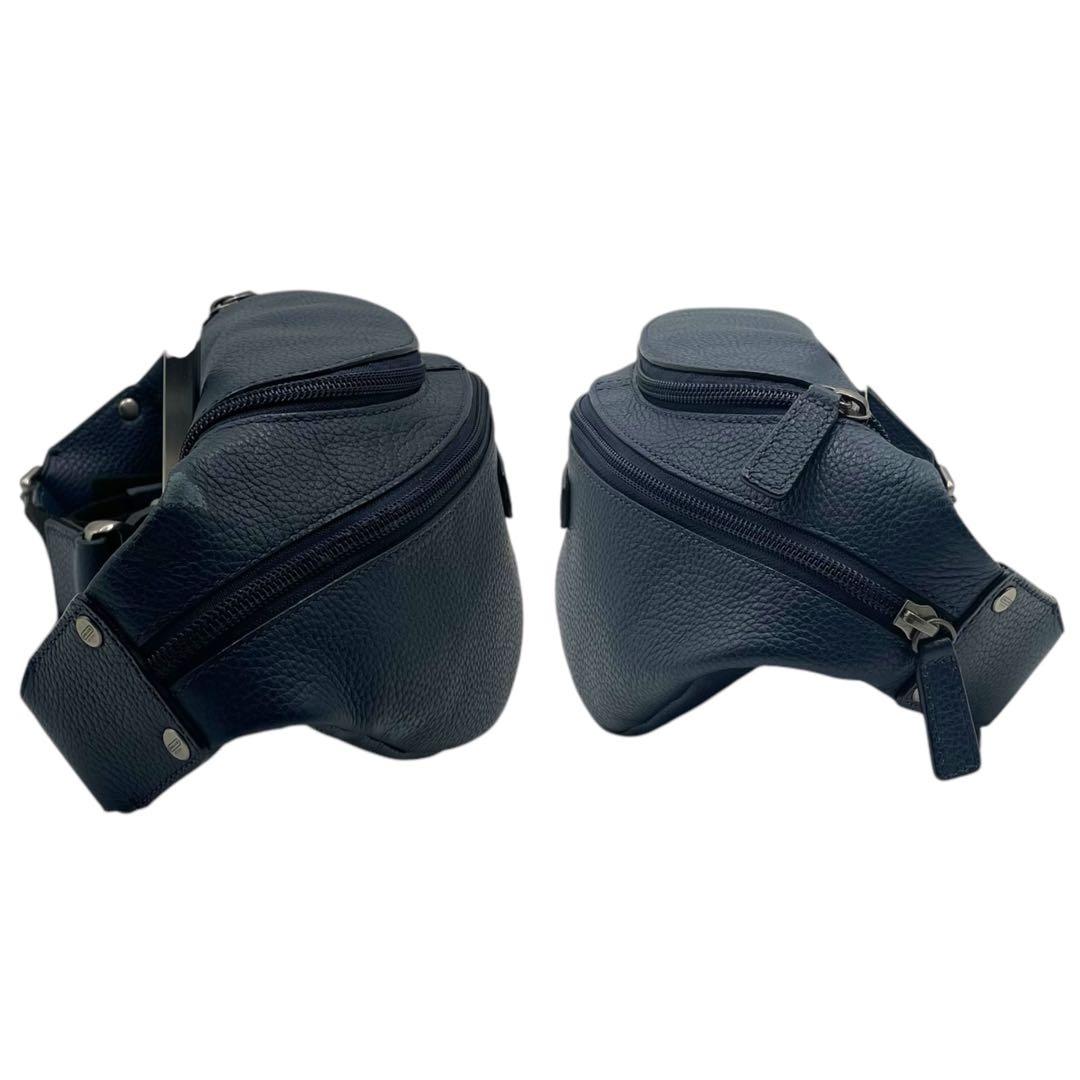 美品　コーチ　ウエストポーチ　ボディバッグ　レザー　シボ革　ネイビー