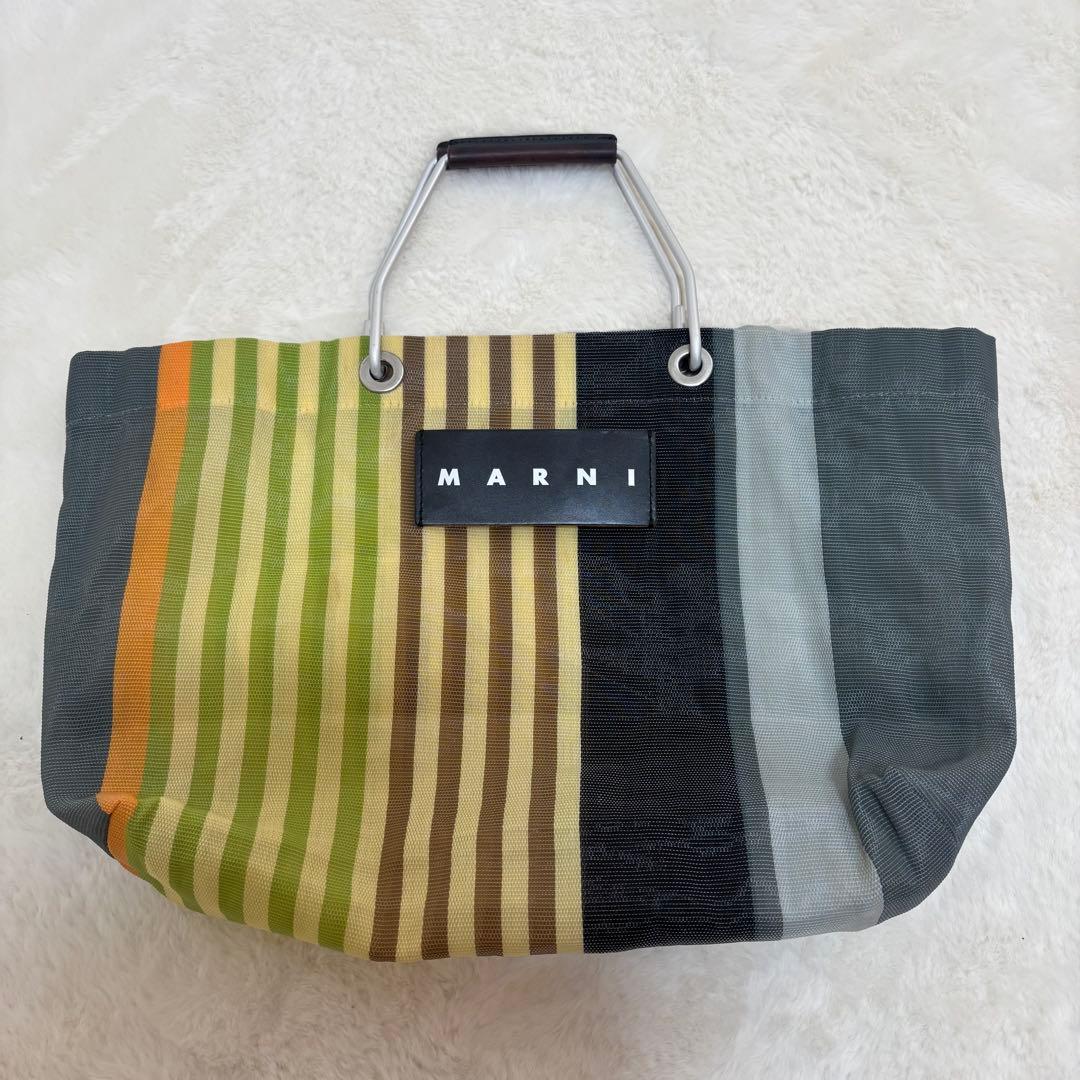 MARNI ストライプ エコバッグ フラワーカフェ マルチグリーン ハンドル 革