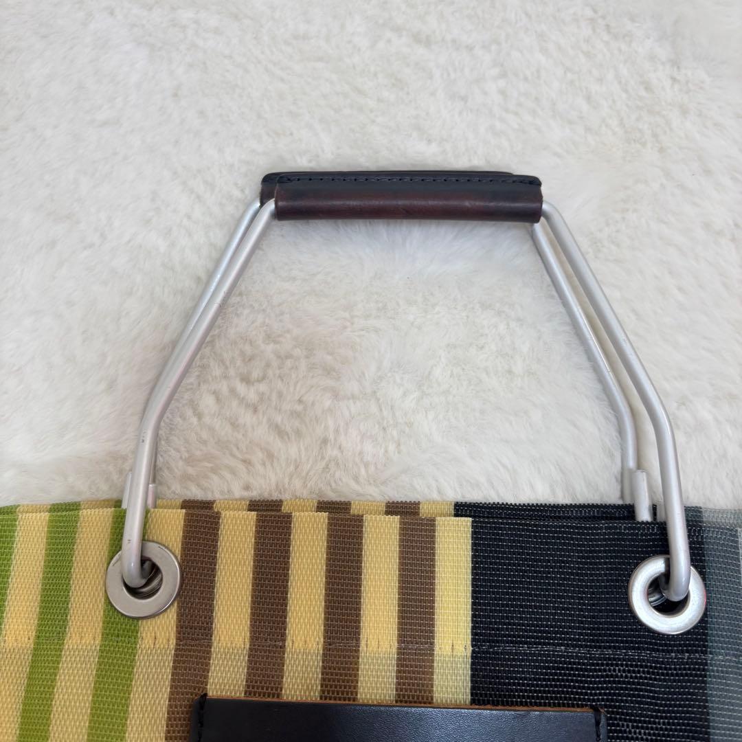 MARNI ストライプ エコバッグ フラワーカフェ マルチグリーン ハンドル 革