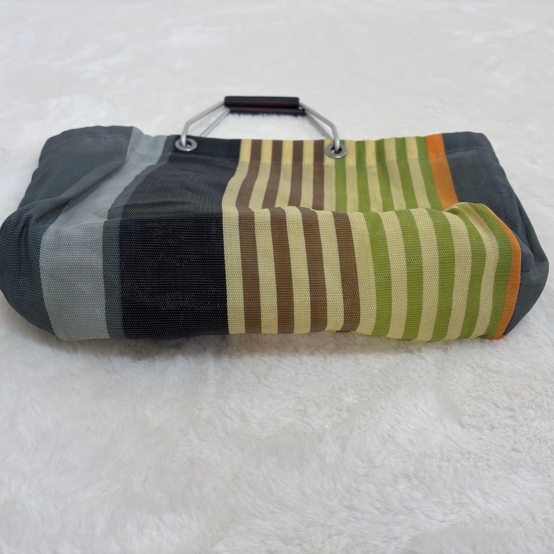 MARNI ストライプ エコバッグ フラワーカフェ マルチグリーン ハンドル 革