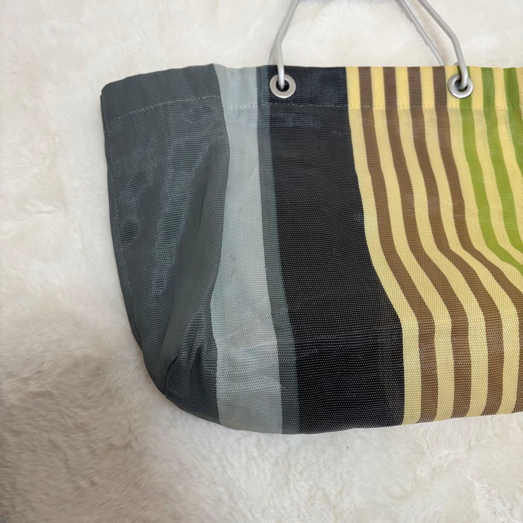 MARNI ストライプ エコバッグ フラワーカフェ マルチグリーン ハンドル 革