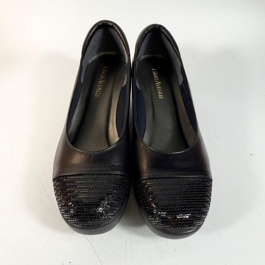 【未使用級】ヒルズアベニュー　パンプス（22）ラメ　ウェーブソール　黒　レザー