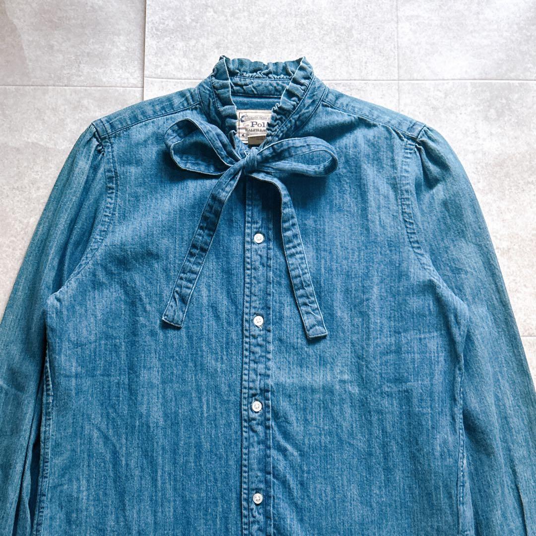 【完品/タグ付き】ポロラルフローレン　デニム　シャツ　ボウタイ　ブラウス　L