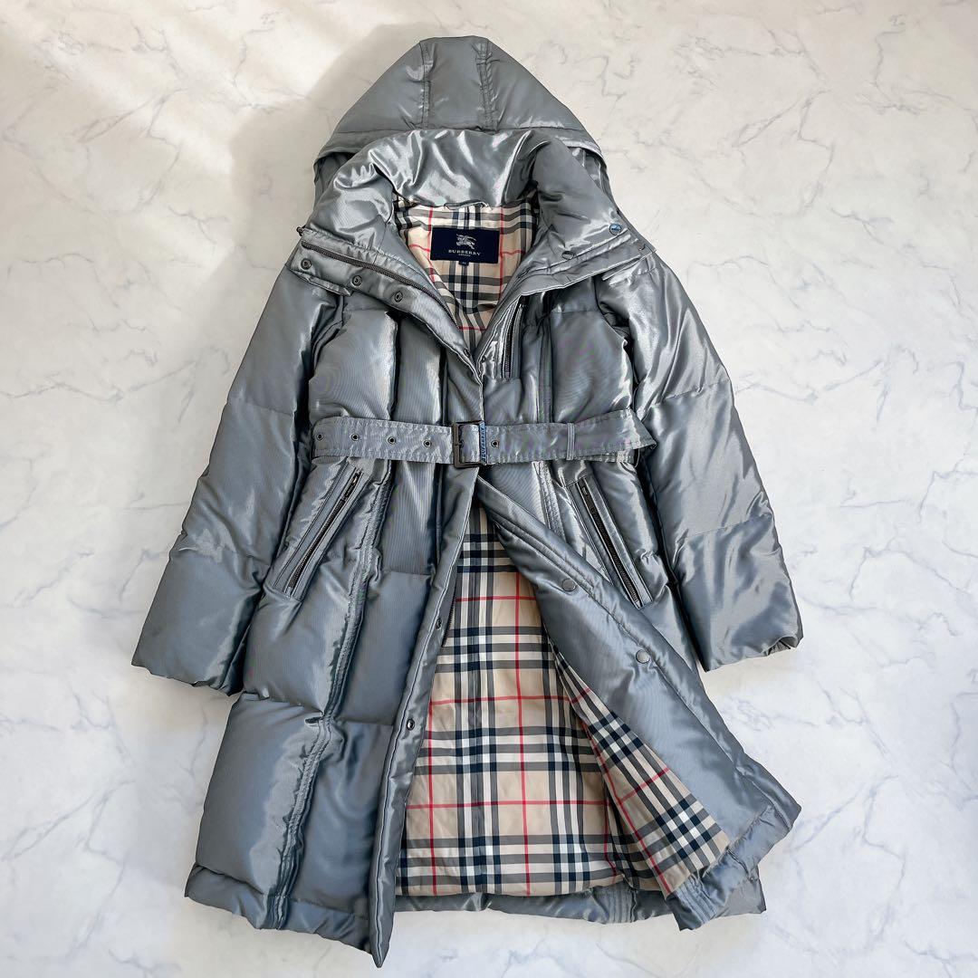 希少 美品 バーバリーロンドン ダウンコート ノバチェック ベルト シルバー
