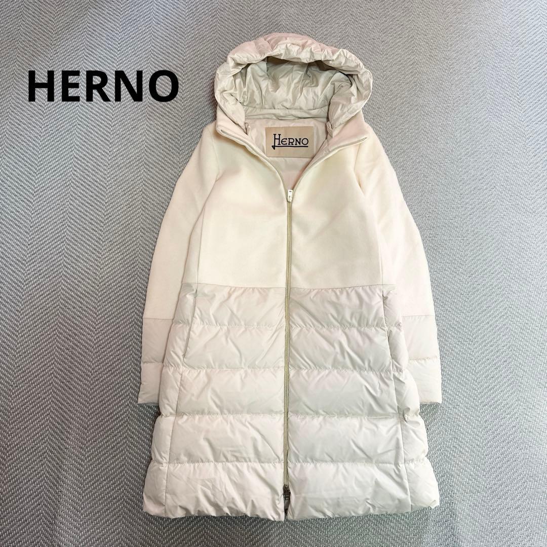 美品 HERNO 異素材コンビネーションフーデッドダウンコート ホワイト ML