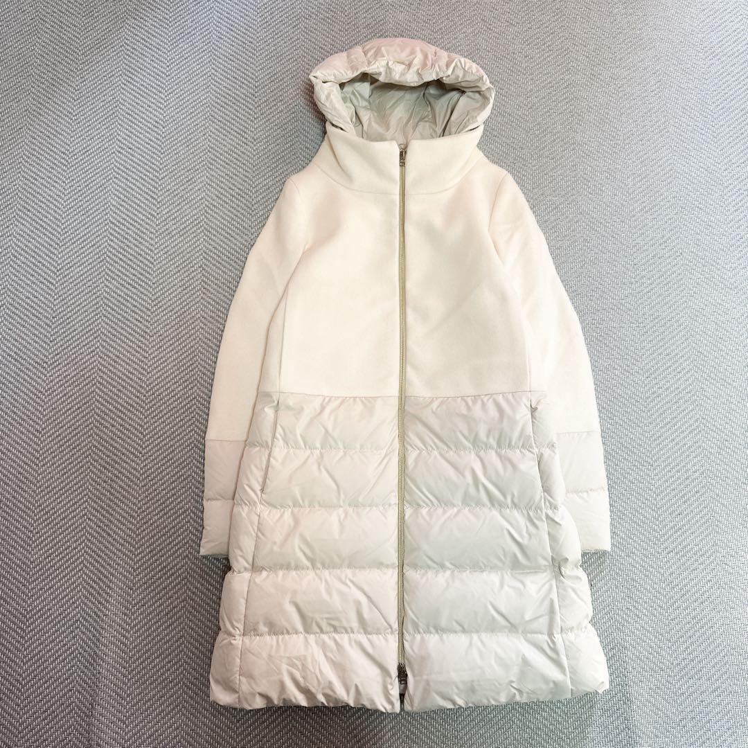美品 HERNO 異素材コンビネーションフーデッドダウンコート ホワイト ML