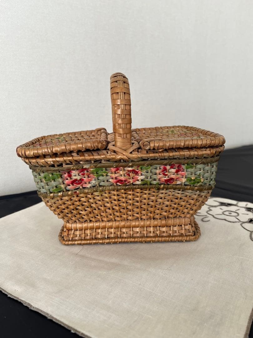 【アンティーク】ローズパニエ　籐バスケット　ローズペイント　フランスアンティーク