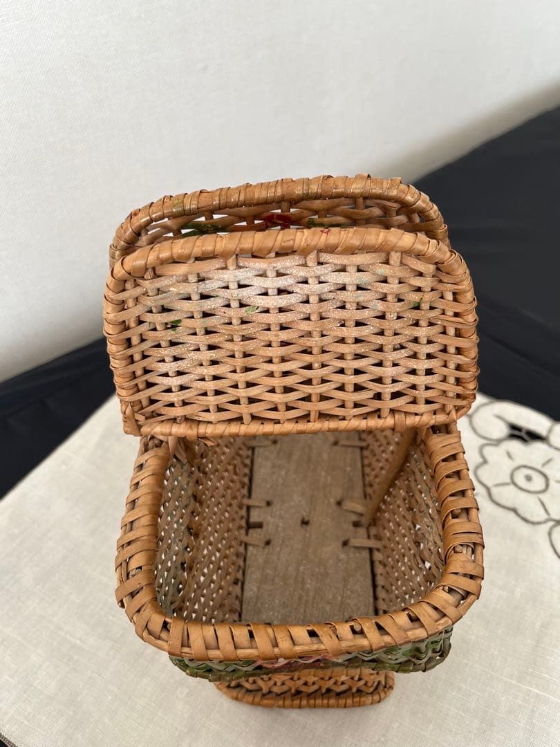 【アンティーク】ローズパニエ　籐バスケット　ローズペイント　フランスアンティーク