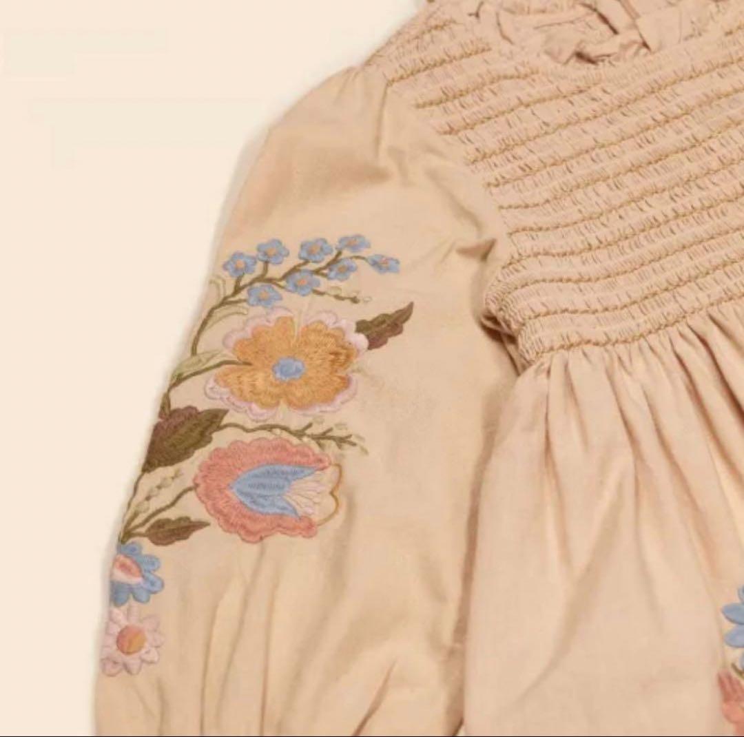 apolina mia dress 5-7 刺繍入りベージュ長袖ワンピース