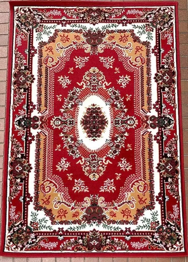 【美品】 ウィルトン織 絨毯 カーペット ラグ レッド 花柄 130×200㎝