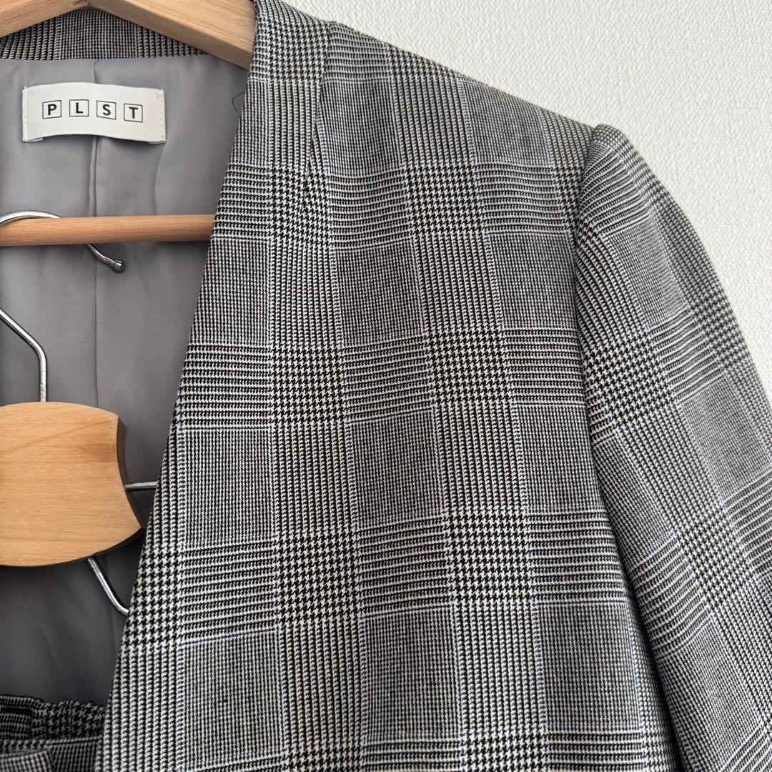 【美品】PLST プラステ　ストレッチ ウォッシャブルノーカラーチェックスーツM