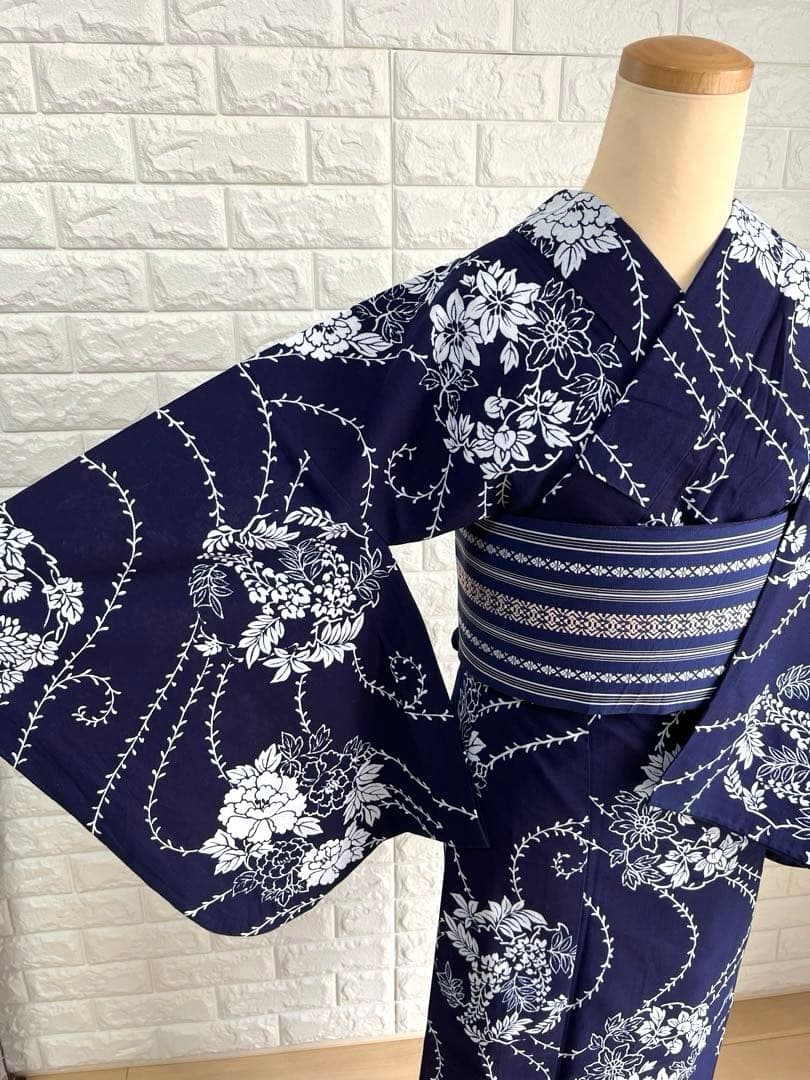 【超超美品】浴衣 夏着物 単衣 普段着物 紺色藍色花柄 木綿 裄長 トールサイズ