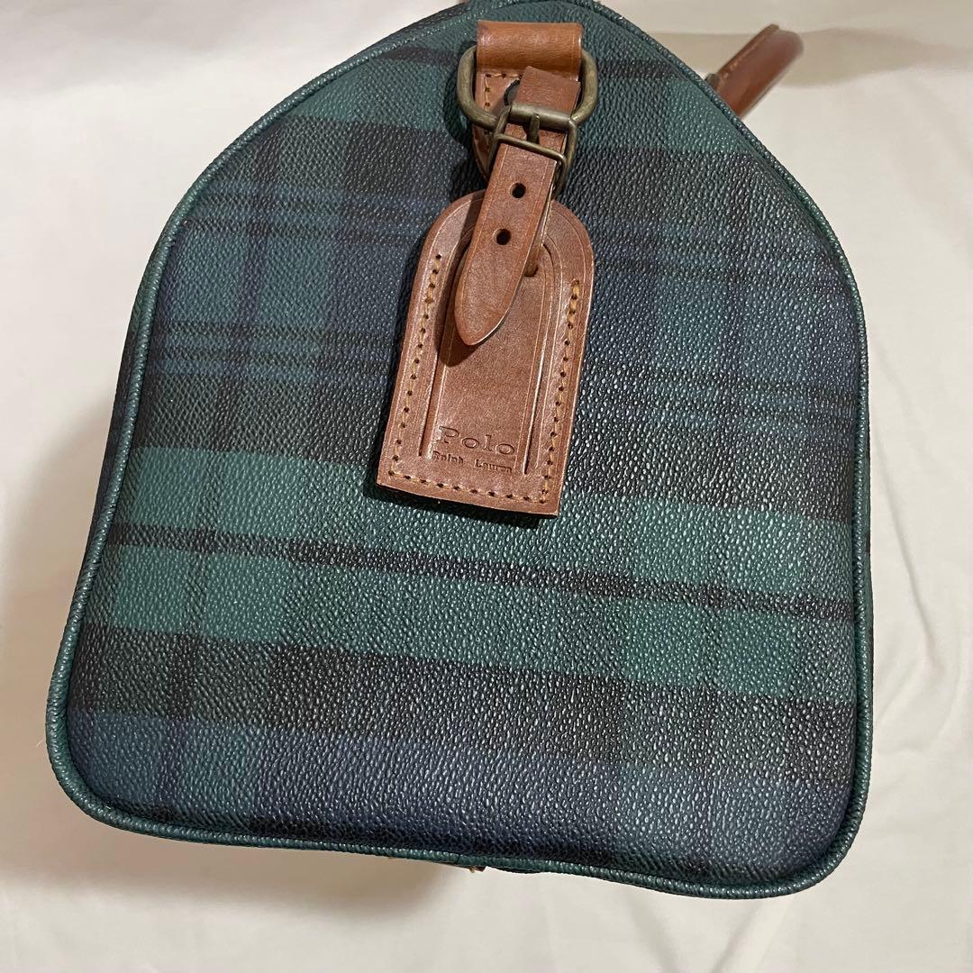 ポロラルフローレン ミニボストンバッグ PVC レザー チェック柄 美品