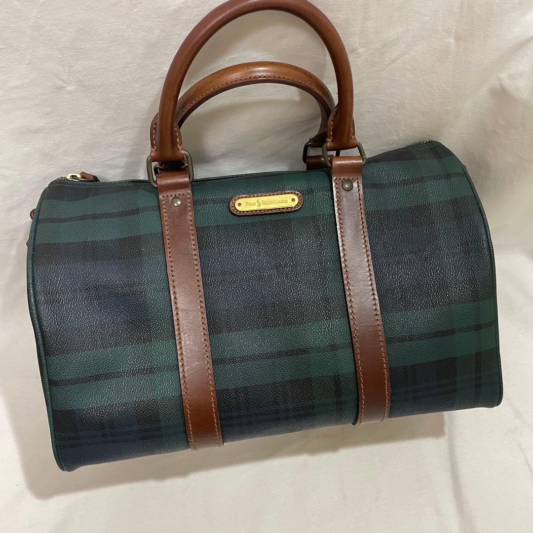 ポロラルフローレン ミニボストンバッグ PVC レザー チェック柄 美品