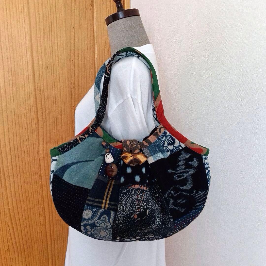 古布鶴亀　グラニーバッグ　鶴亀寿　藍染型染　ハンドメイド　柿渋染め