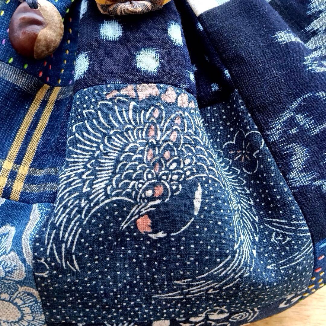 古布鶴亀　グラニーバッグ　鶴亀寿　藍染型染　ハンドメイド　柿渋染め