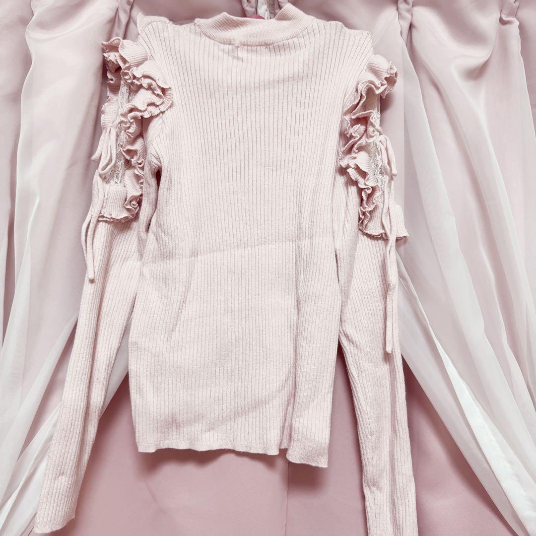 meltie きらきらショルダーフリルニット ピンク