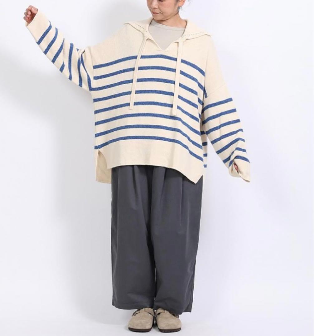 ツムグ　tumugu コットンウールボーダービッグカラープルオーバー　今期