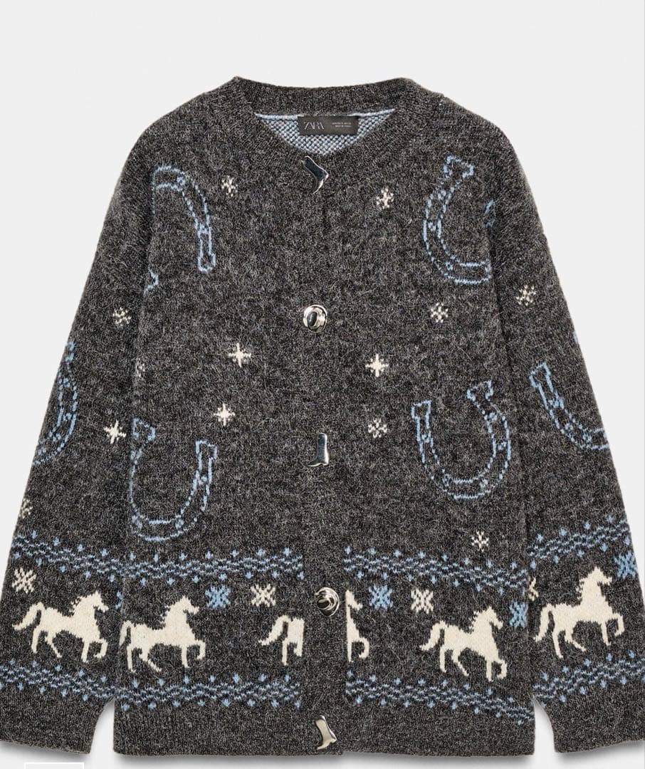 ZARA新作新品完売タグ付馬と蹄鉄柄の長袖ジャガードニットボタンカーディガン s