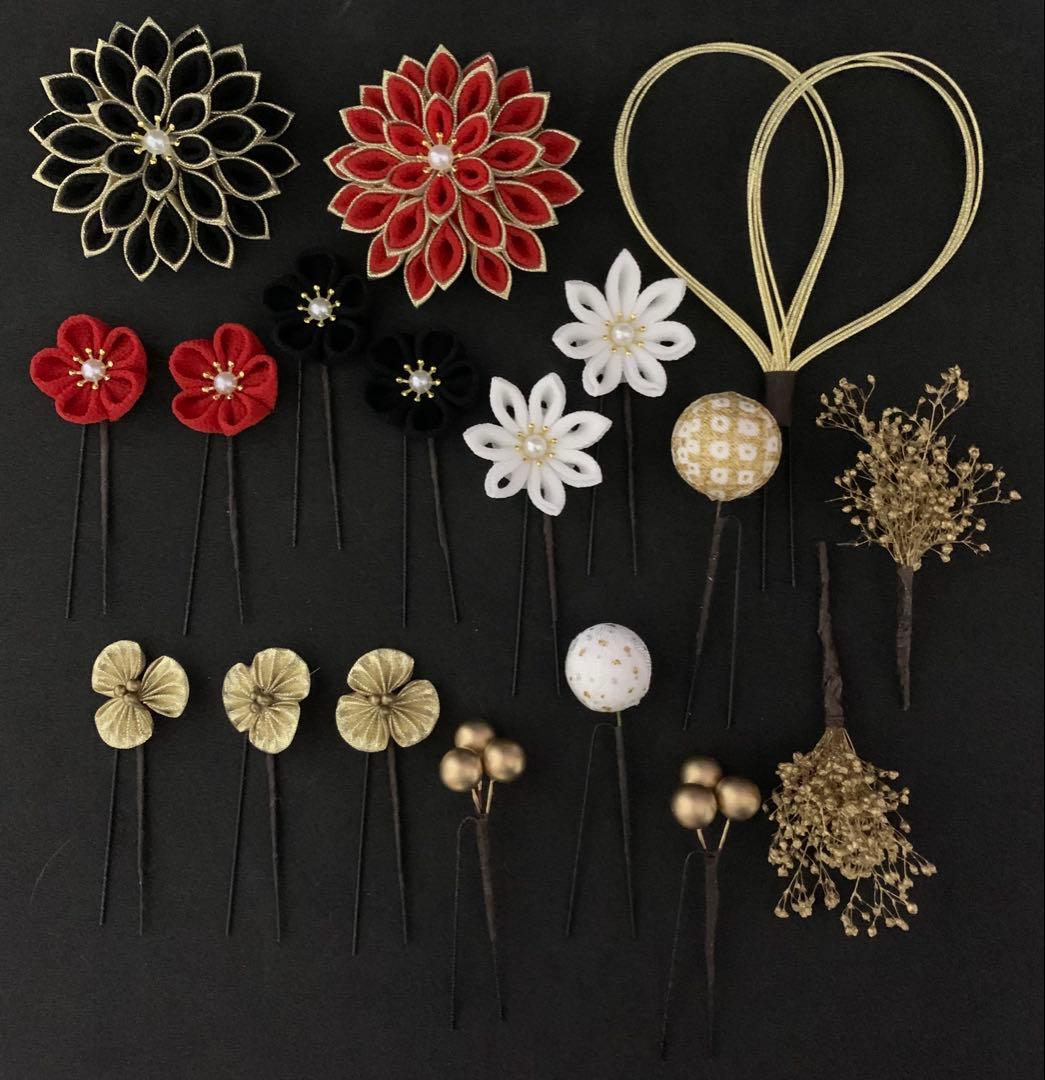 つまみ細工　髪飾り　黒　赤　ゴールドセット