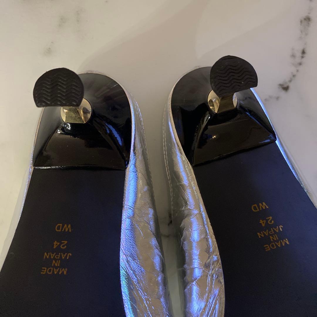 D.IANA シルバー ミュール オープントゥ ヒール約5cm