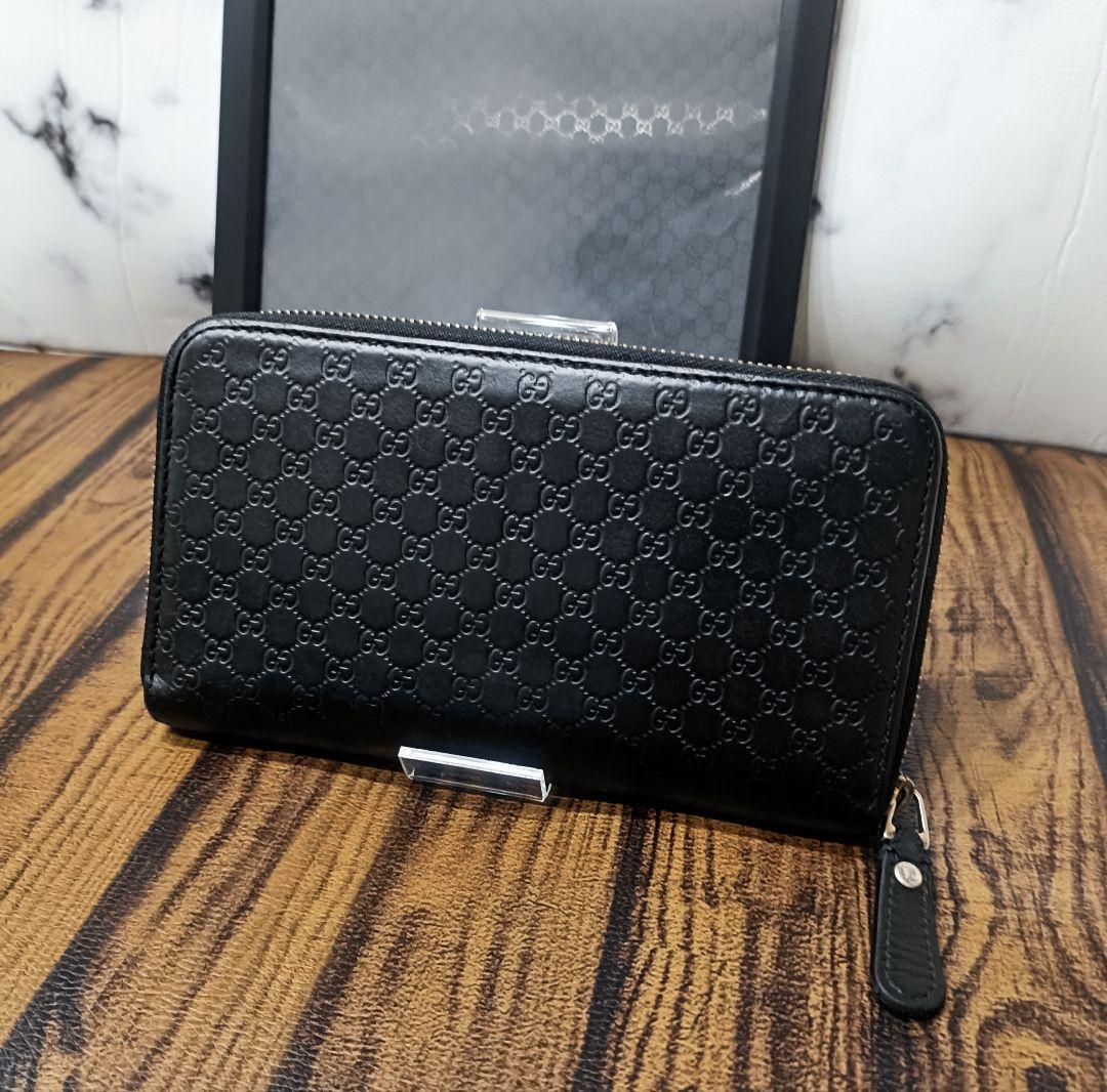 GUCCI グッチ ラウンドファスナー マイクロ シマ 長財布 ブラック GG柄