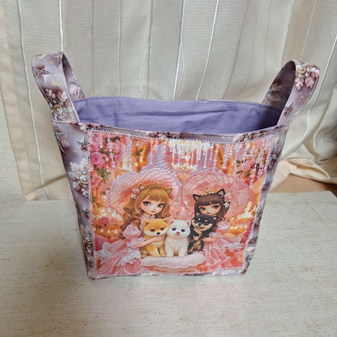 激レア女の子とねこパネル生地　ハンドメイド　布バスケット　フラットポーチ