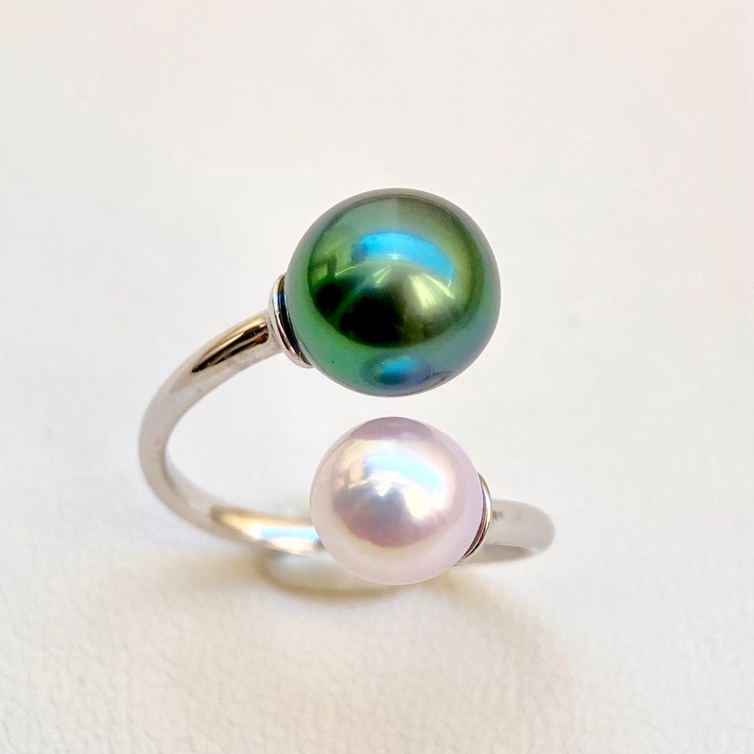 本真珠南洋黒蝶真珠とあこや真珠　ピーコック&ピンク無調ダブルリングY1047