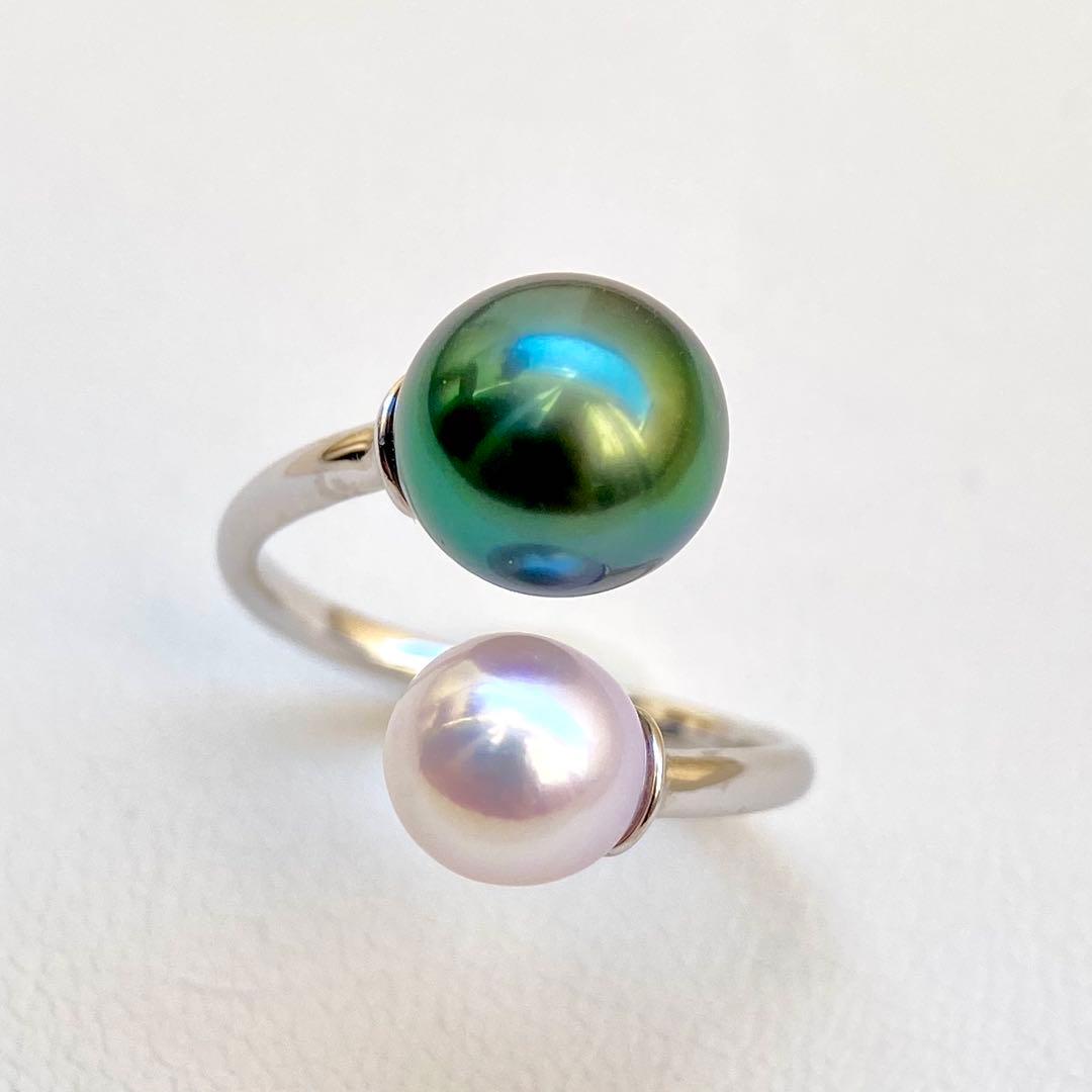 本真珠南洋黒蝶真珠とあこや真珠　ピーコック&ピンク無調ダブルリングY1047
