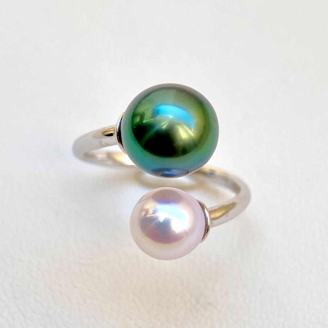 本真珠南洋黒蝶真珠とあこや真珠　ピーコック&ピンク無調ダブルリングY1047