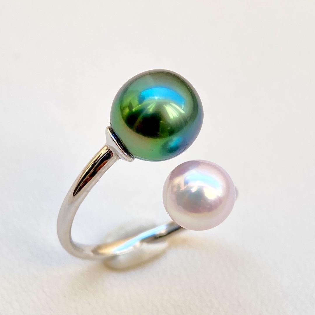 本真珠南洋黒蝶真珠とあこや真珠　ピーコック&ピンク無調ダブルリングY1047