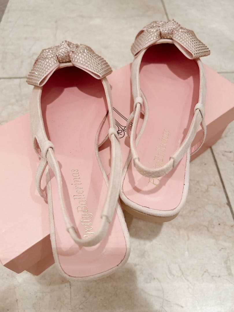 【極美品】ピンクビジューリボン付きスリングバックミュール