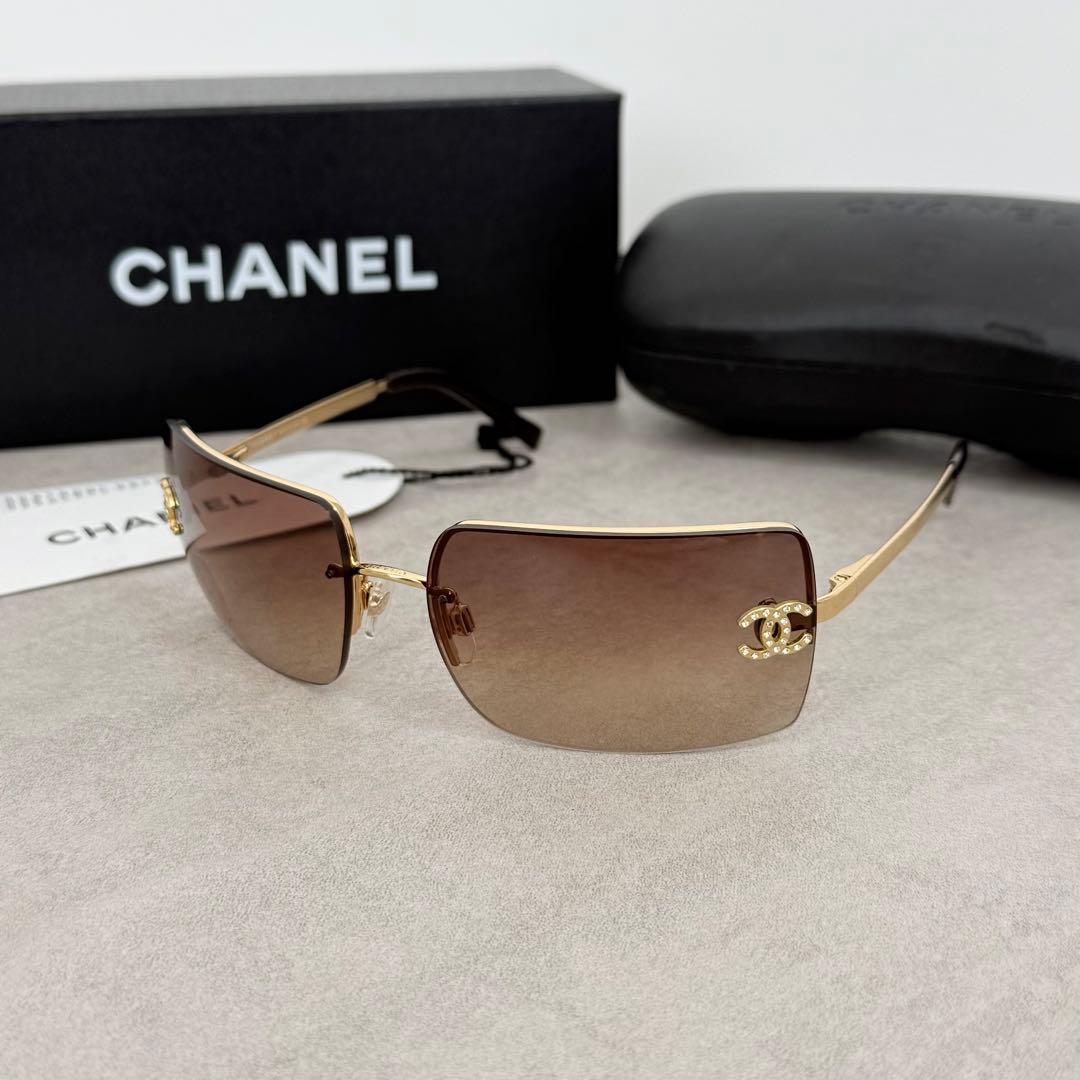 美品 CHANEL サングラス リムレス 4092-D ブラウン ラインストーン