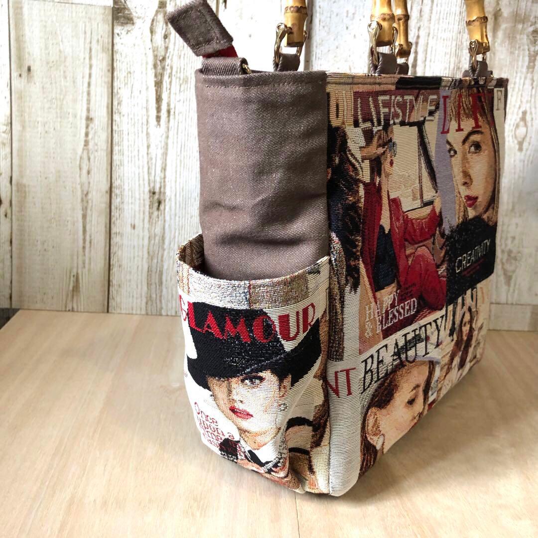 トートバッグ　ハンドメイド　デニムリメイク　ブラウン×レッド　バンブー【新品】