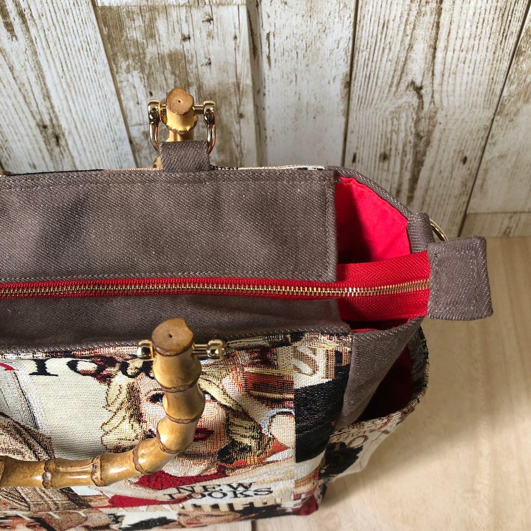 トートバッグ　ハンドメイド　デニムリメイク　ブラウン×レッド　バンブー【新品】
