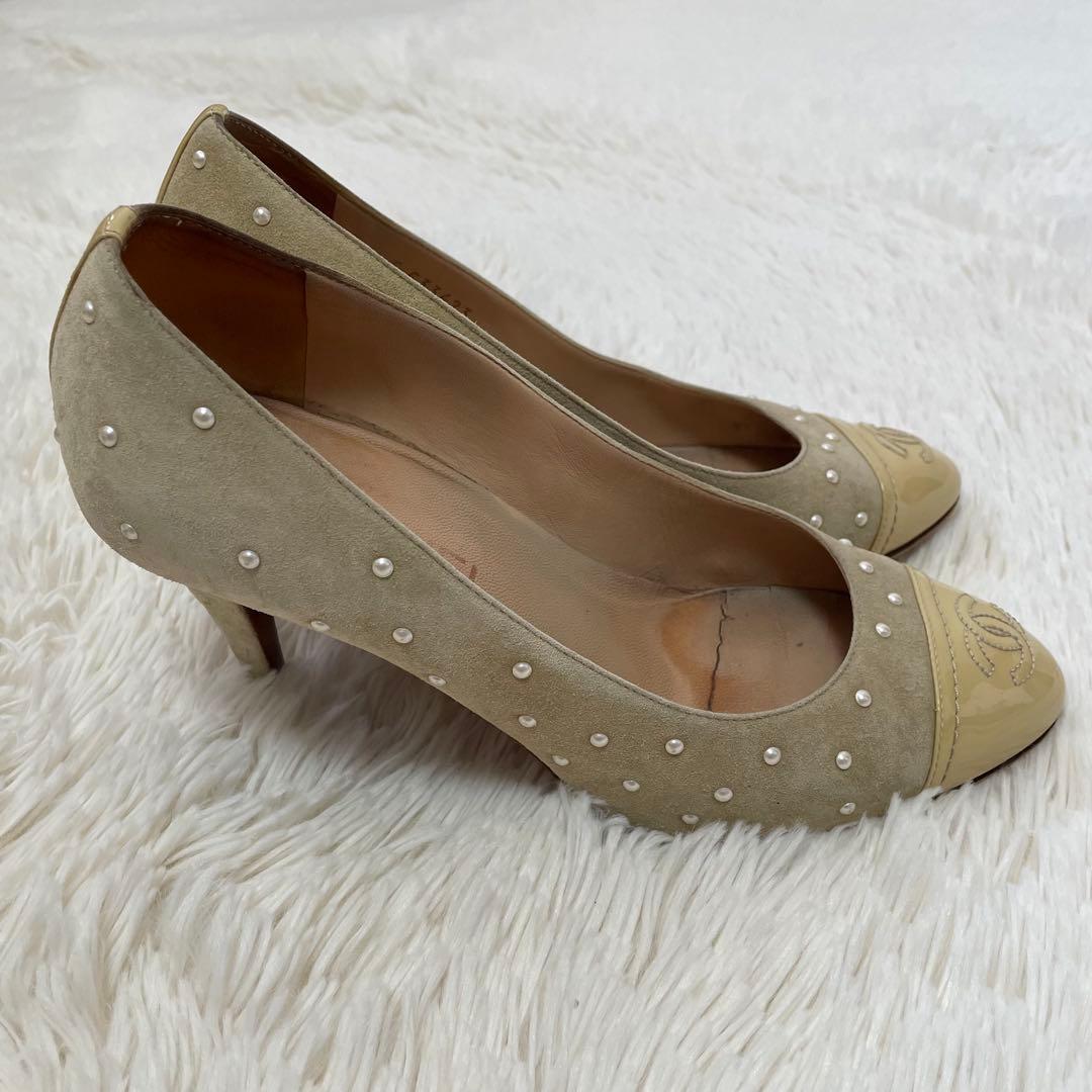 希少 シャネル ココマーク パール パンプス ベージュ 38C レディース