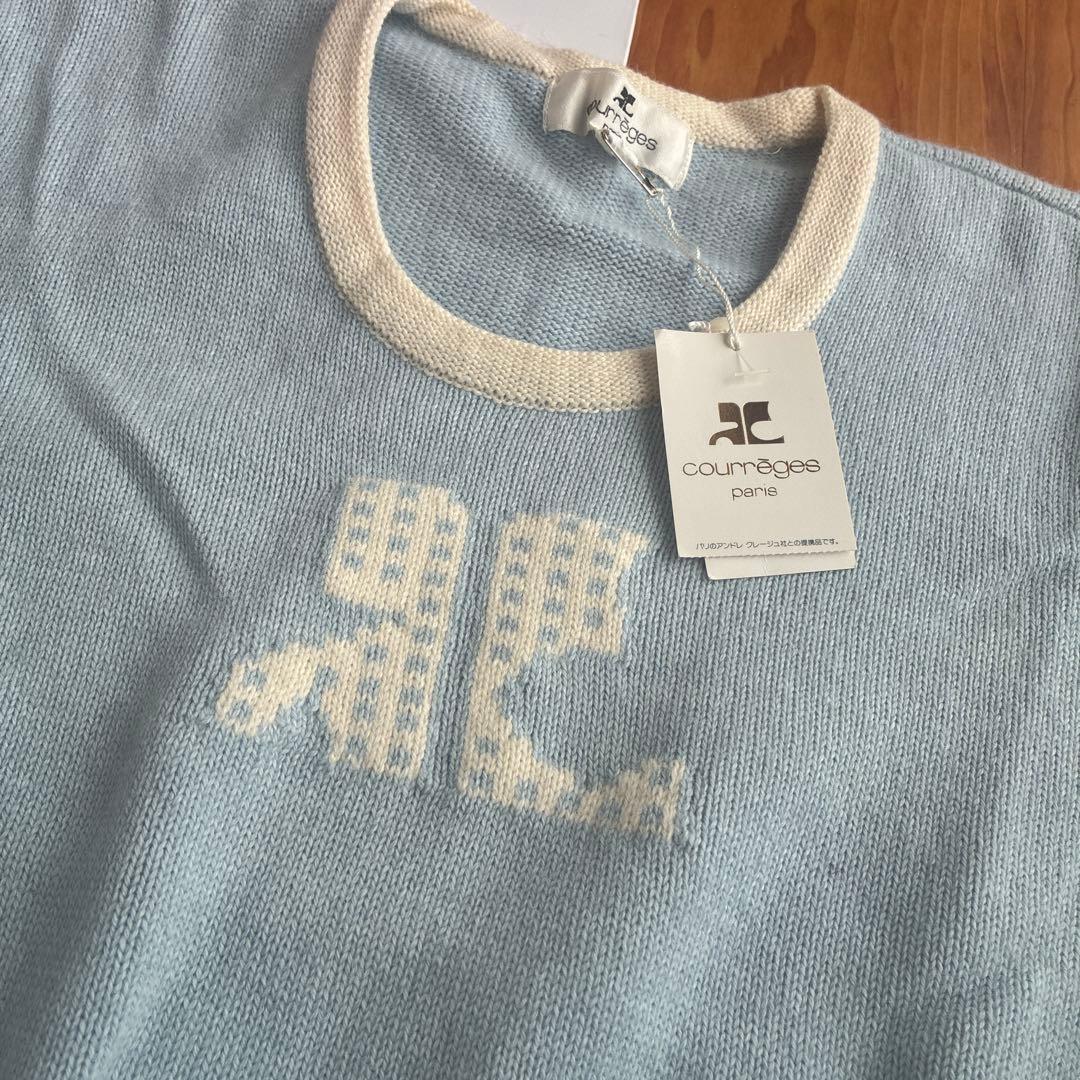 courrèges 水色 ロゴ刺繍 長袖ニットセーター 9A